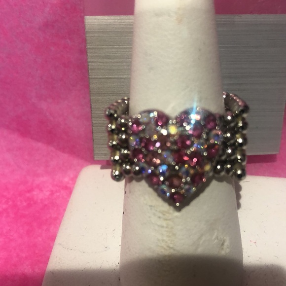 Pink & Aurora Borealis Crystal Heart Stretch Ring-One Size Fits Most-NWT - Picture 3 of 7